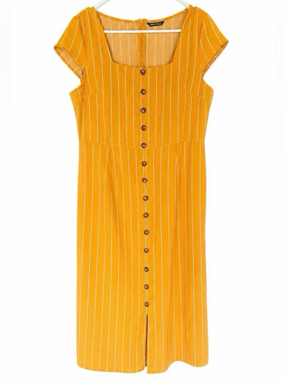 SHEIN Mustard Yellow Striped Button-Front Midi Skirt